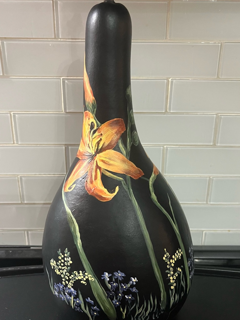 Hand Painted Dried Gourd Art signed Diane Floral Tiger Lily Black Matte ~15"